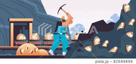 man miner digging and extracting bitcoins in mine cave mining crypto coins digital cryptocurrency blockchain 82689899