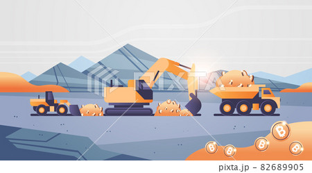 excavator loading bitcoins on heavy truck mining transport golden coin digital money production cryptocurrency blockchain 82689905