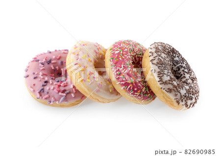 Donuts close-up on a white background. Round donuts isolated on white background. 82690985