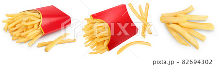 French fries or fried potatoes isolated on white background. Set or collection French fries or fried potatoes isolated on white background. Set or collection 82694302