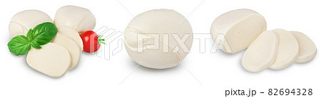 Mozzarella cheese sliced with basil leaf isolated on white background . Set or collection Mozzarella cheese sliced with basil leaf isolated on white background . Set or collection 82694328