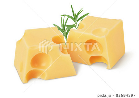 cubes of cheese in wooden bowl isolated on white background with clipping path and full depth of field 82694597