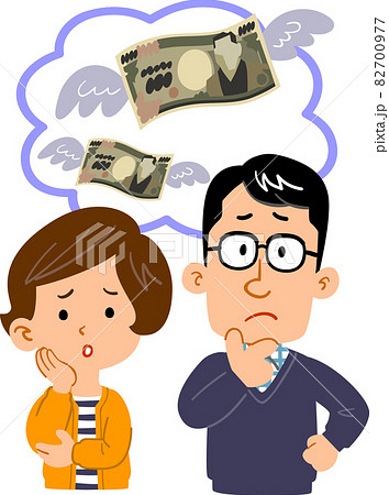 お金のことを心配する若い夫婦の上半身イラスト 82700977