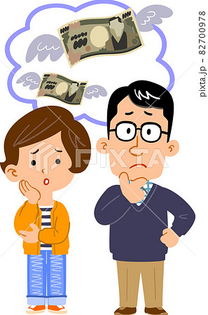 お金のことを心配する若い夫婦の全身イラスト 82700978