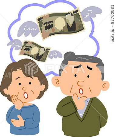 お金のことを心配するシニア夫婦の上半身イラスト お金のことを心配するシニア夫婦の上半身イラスト 82700981