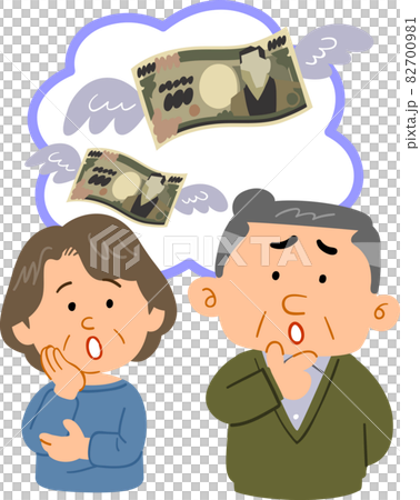 お金のことを心配するシニア夫婦の上半身イラスト お金のことを心配するシニア夫婦の上半身イラスト 82700981