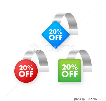 Sale Point Tag set with 20 percent off. Color Clear Round Supermarket Shelf Wobbler Label. Vector stock illustration. 82702329