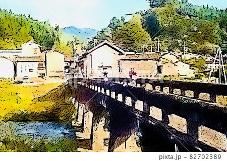 日本 風景 田舎 橋 川のイラスト素材 [82702389] - PIXTA