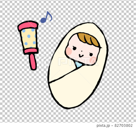 おくるみに包まれた赤ちゃんとガラガラのイラストのイラスト素材