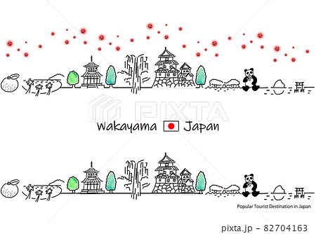 和歌山県の観光地の街並みと新型コロナウイルスのシンプル線画セット 82704163