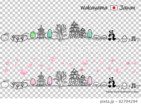春の和歌山県の観光地の街並みのシンプル線画セット 春の和歌山県の観光地の街並みのシンプル線画セット 82704294