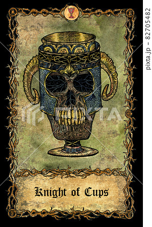 Knight of cups. Minor Arcana tarot card with skull over antique background.  Mystic art, Halloween illustration with esoteric, gothic, occult concept 82705482