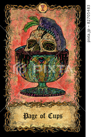 Page of cups. Minor Arcana tarot card with skull over antique background.  Mystic art, Halloween illustration with esoteric, gothic, occult concept 82705483
