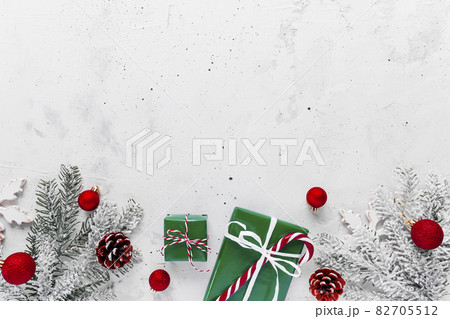 Christmas and New Year flat lay with two red white present gift boxes top view  82705512