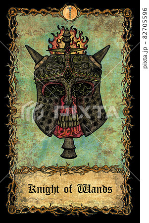 Knight of wands. Minor Arcana tarot card with skull over antique background.  Mystic art, Halloween illustration with esoteric, gothic, occult concept 82705596