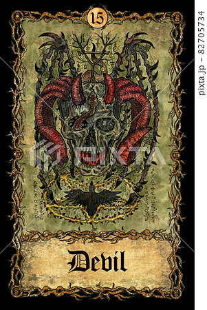Devil. Major Arcana tarot card with skull over antique background. Mystic art, Halloween illustration with esoteric, gothic, occult concept Devil. Major Arcana tarot card with skull over antique background. Mystic art, Halloween illustration with esoteric, gothic, occult concept 82705734