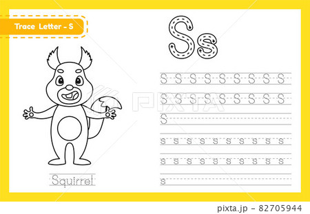 Trace letter S uppercase and lowercase. Alphabet tracing practice preschool worksheet for kids learning English with cute cartoon animal. Coloring book for Pre K, kindergarten. Vector illustration 82705944