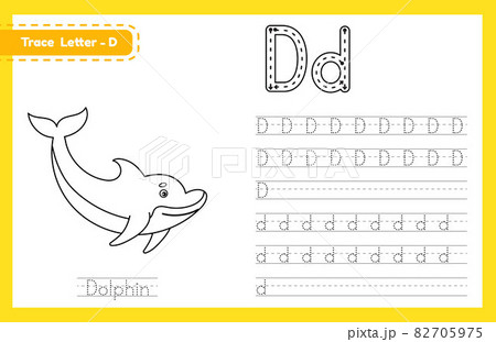 Trace letter D uppercase and lowercase. Alphabet tracing practice preschool worksheet for kids learning English with cute cartoon animal. Coloring book for Pre K, kindergarten. Vector illustration 82705975