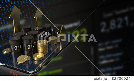 The oil tank on tablet and gold arrow up for  energy or petroleum business concept 3d rendering 82706024