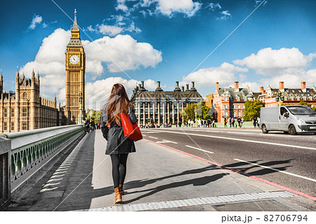 London city urban lifestyle tourist woman walking. Businesswoman commuting going to work on Westminster bridge street early morning. Europe travel destination, England, Great Britain, UK London city urban lifestyle tourist woman walking. Businesswoman commuting going to work on Westminster bridge street early morning. Europe travel destination, England, Great Britain, UK 82706794