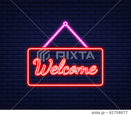 Welcome hanging sign. Sign for door. Neon icon. Vector illustration. Welcome hanging sign. Sign for door. Neon icon. Vector illustration. 82708677