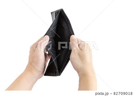 The hand of an Asian merchHand of a white Asian man opening his wallet which is empty on isolate a white background with clipping path, concept has no money. ant with his wallet open is blank on a 82709018
