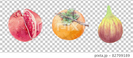 秋の味覚、ザクロ  柿  イチジク、手描き水彩画（背景透過） 82709189