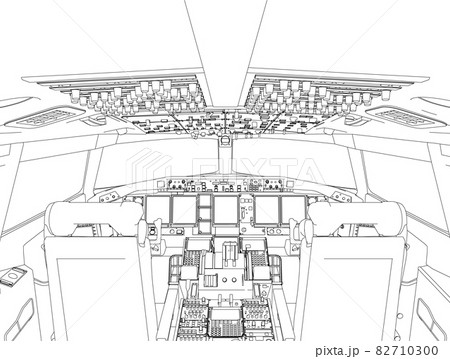 The contour of the aircraft cockpit from the inside from black lines isolated on a white background. Vector illustration The contour of the aircraft cockpit from the inside from black lines isolated on a white background. Vector illustration 82710300