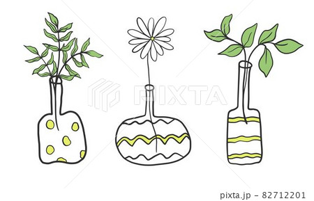 Vases with flowers and leafy branches doodle style. 82712201