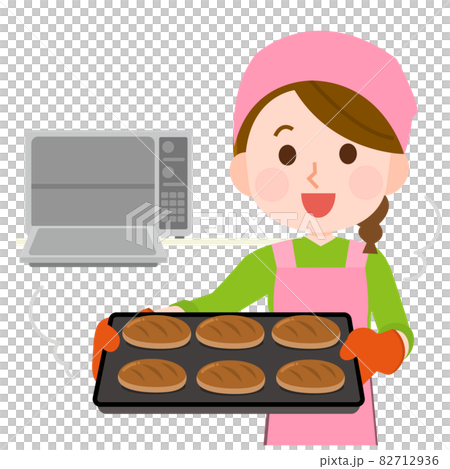 パン作り3　焼けたパンをオーブンレンジから出す女性　イラスト 82712936