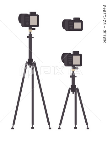 Set of different photo camera objects with screen on high tripod isolated.  82712943