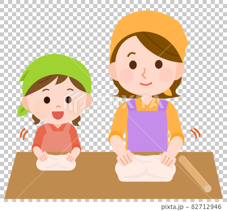 パン作り1　パン生地をこねる親子　イラスト 82712946