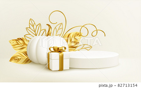 3d realistic white gold pumpkin with golden leaves, product podium and gift box isolated on white background. Thanksgiving background with pumpkins, podium and gift box. Vector illustration 3d realistic white gold pumpkin with golden leaves, product podium and gift box isolated on white background. Thanksgiving background with pumpkins, podium and gift box. Vector illustration 82713154