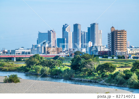 日本の川崎都市景観　晴天に恵まれた多摩川に集まる鳥や武蔵小杉のタワーマンション群などを望む 82714071