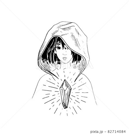 The girl in the hood looks at the magic crystal. Hand-drawn illustration. Vector, isolated on white. 82714084