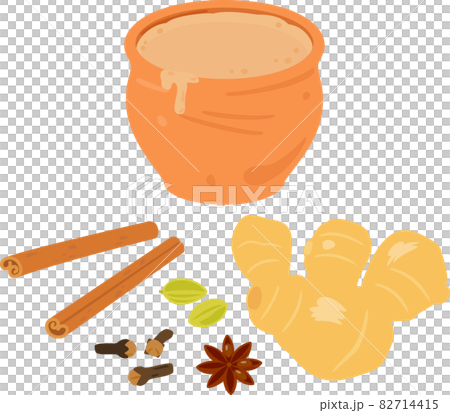 素焼きの器に入ったチャイとスパイスのイラスト素材