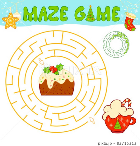 Christmas maze puzzle game for children. Circle maze or labyrinth game with Christmas cake. Christmas maze puzzle game for children. Circle maze or labyrinth game with Christmas cake. 82715313