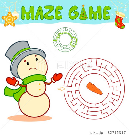 Christmas maze puzzle game for children. Circle maze or labyrinth game with Christmas Snowman. 82715317