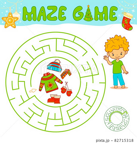 Christmas maze puzzle game for children. Circle maze or labyrinth game with Christmas boy. 82715318