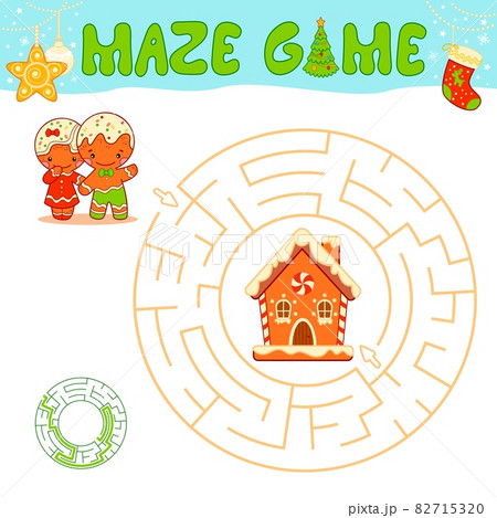 Christmas maze puzzle game for children. Circle maze or labyrinth game with Christmas Gingerbread man and Gingerbread house. 82715320