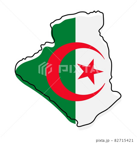 Stylized outline map of Algeria with national flag icon. Flag color map of Algeria vector illustration.