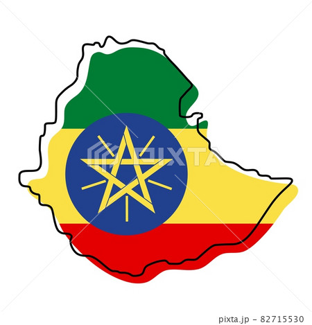 Stylized outline map of Ethiopia with national flag icon. Flag color map of Ethiopia vector illustration.