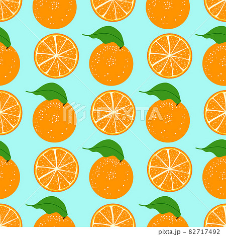 Seamless pattern orange fruit on a blue background. Orange whole, slice, half cut orange. 82717492