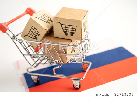 Box with shopping cart logo and Russia flag, Import Export Shopping online or eCommerce finance delivery service store product shipping, trade, supplier concept. Box with shopping cart logo and Russia flag, Import Export Shopping online or eCommerce finance delivery service store product shipping, trade, supplier concept. 82718209