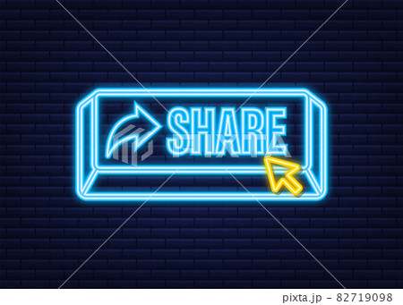 Share button in flat style on blue background. Neon icon. Social media. Vector stock illustration. 82719098