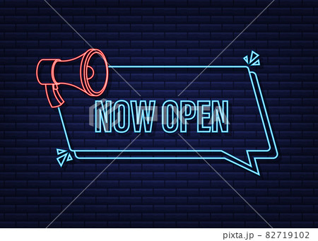 Neon megaphone label with now open. Megaphone banner. Web design. Vector stock illustration. 82719102