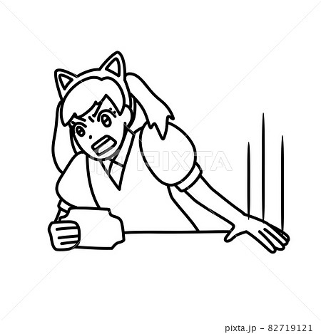 机をたたく猫耳カチューシャの女性 白黒 のイラスト素材