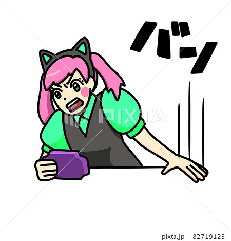 机をたたく猫耳カチューシャの女性（効果音あり）のイラスト素材