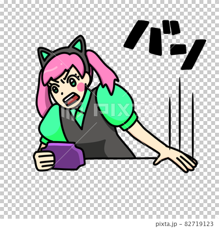 机をたたく猫耳カチューシャの女性（効果音あり）のイラスト素材