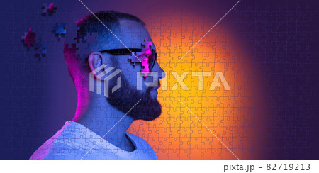 Cropped side view creative collage of young bearded man in sunglasses isolated over gradient background in neon. Portrait consist of puzzle pieces Cropped side view creative collage of young bearded man in sunglasses isolated over gradient background in neon. Portrait consist of puzzle pieces 82719213